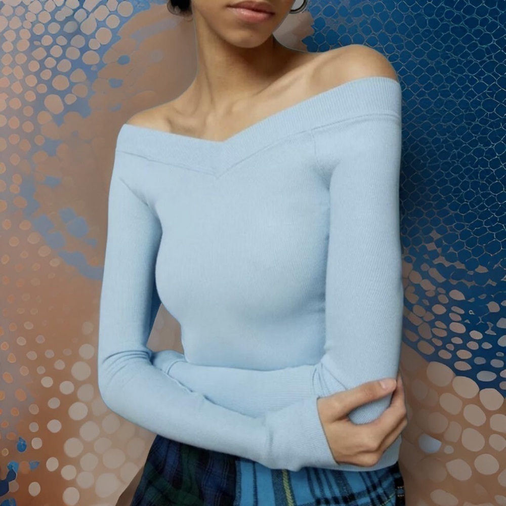 Off-Shoulder Light Blue Ribbed Long-Sleeve Top - Picture 2 of 9